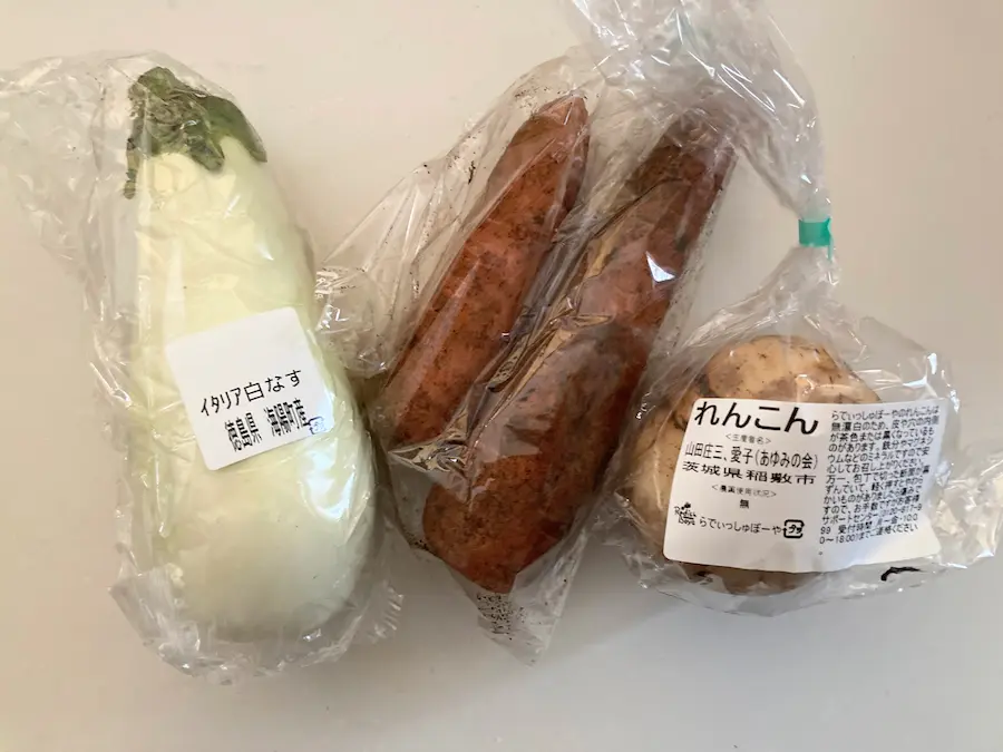 らでぃっしゅぼーやお試しセット　しろなす、にんじん、れんこん画像